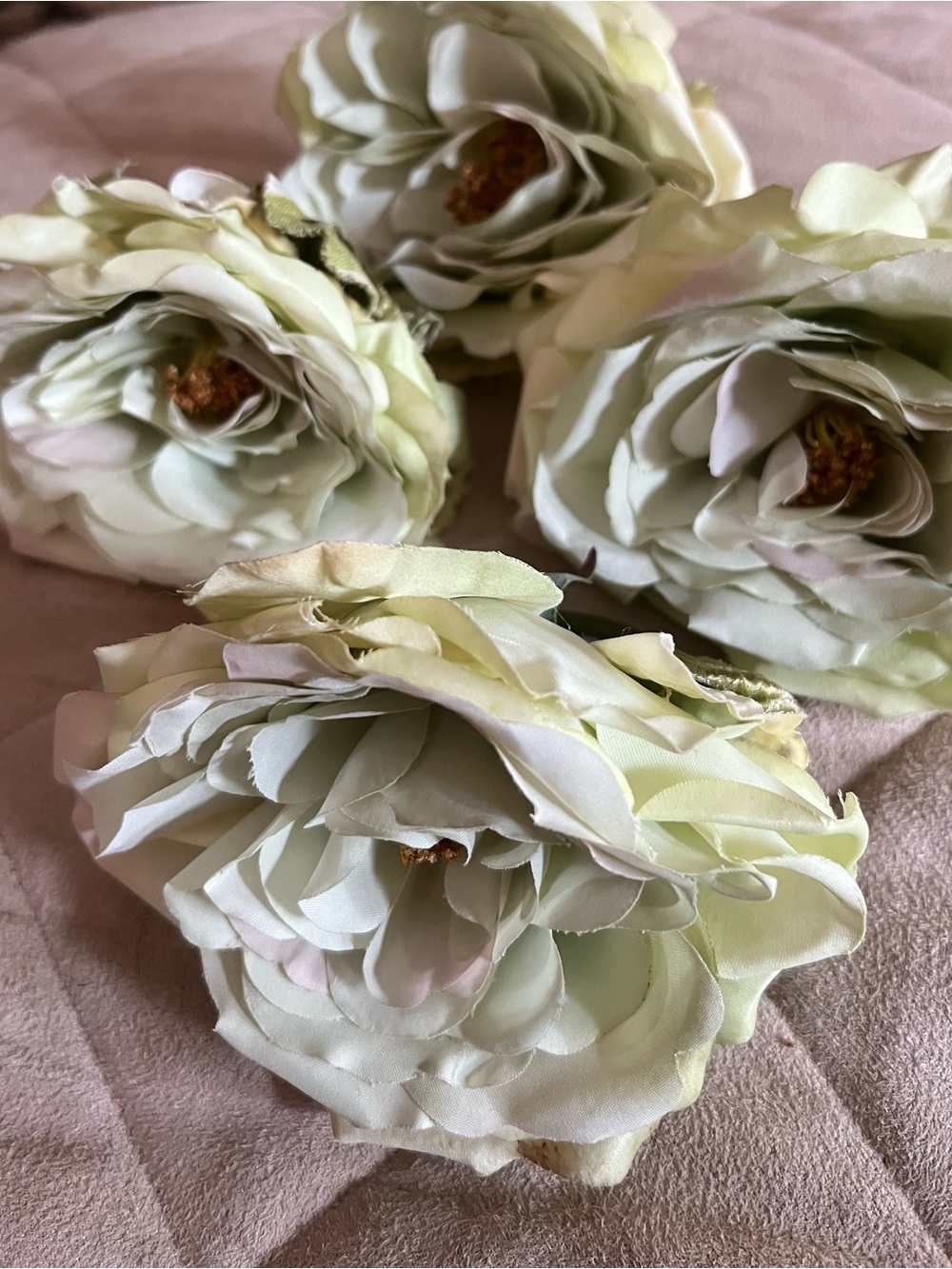 Silk Faux Peony Floral Napkin Ring Accents - Ivory and Pale Green (Set of 4)